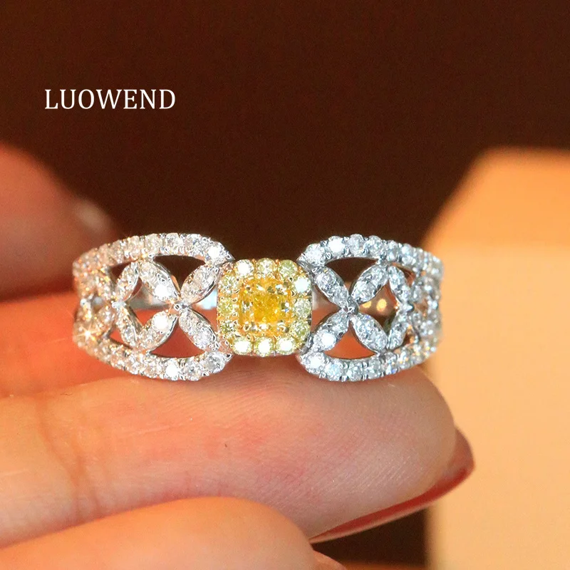 LUOWEND 100% 18K White Gold Rings Vintage Palace Style Real Natural Yellow Diamond Cocktail Ring for Women High Party Jewelry