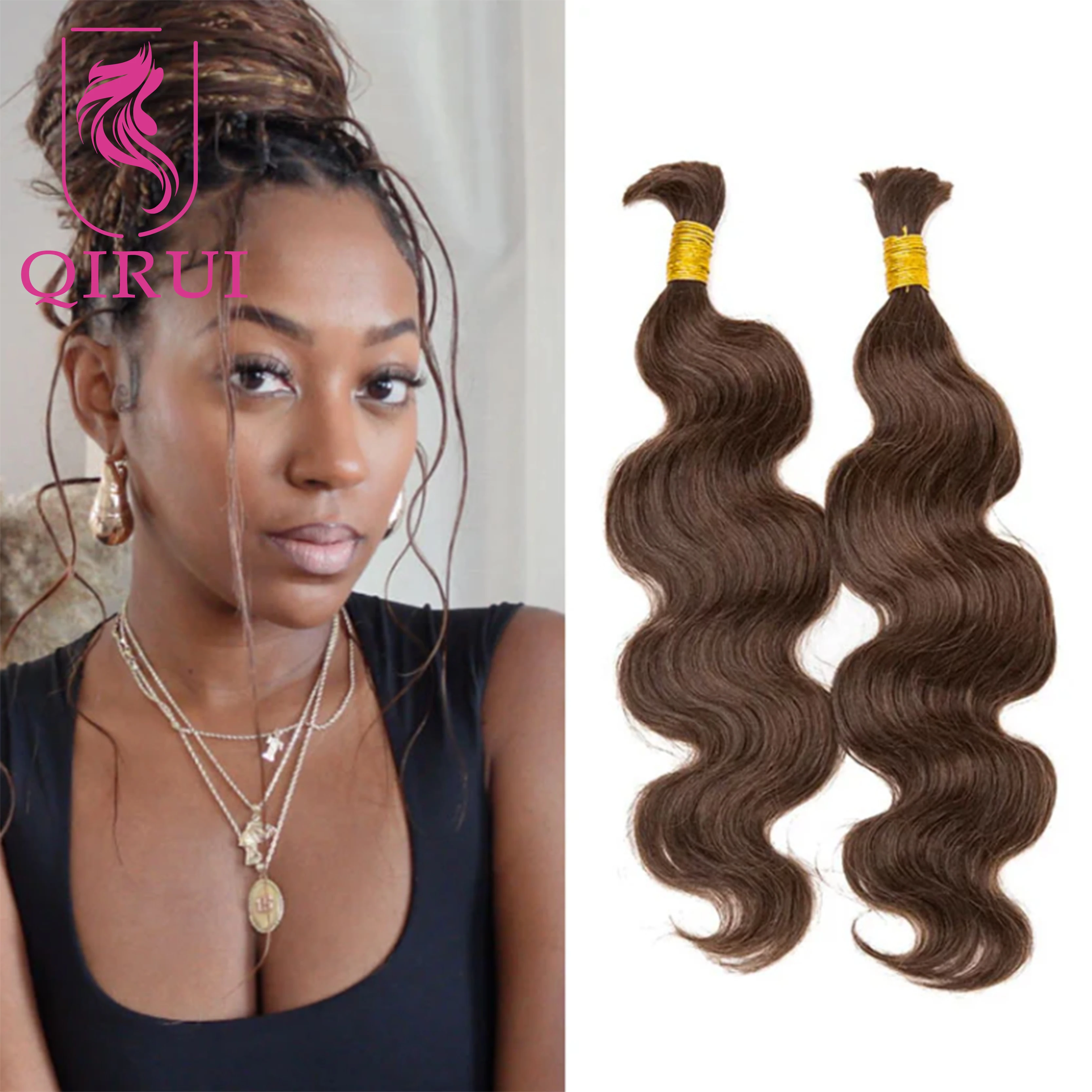 

Bulk Human Hair Bundles No Weft For Braiding Color 4 Body Wave Double Drawn Wholesale Burmese Knotsless Boho Braids Extensions