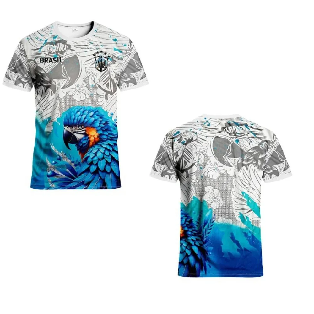 2026 Brazil Style Soccer Jersey T-shirt Blue Macaw Parrot Graphic Printed Round Neck Short Sleeve Summer Casual Tops for Unisex