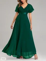 Vestido de chiffon tamanho grande para mulheres, manga curta, decote v, casual, plissado, doce, noite, casamento, convidado, vestidos longos, verão, elegante, 2024