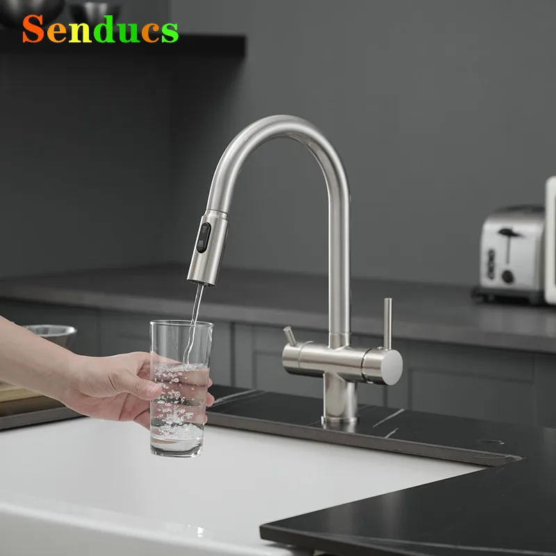 

Brushed Nickel Pull Out Filter Kitchen Faucets Quality Brass Hot Cold Kitchen Sink Mixer Tap 3 Ways Pure Water Kitchen Faucet