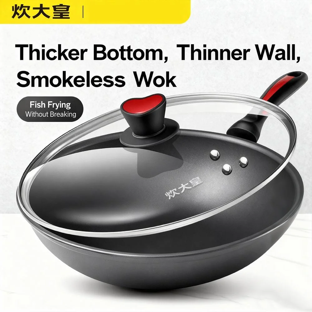 

COOKER KING Non-Stick Wok Flat Bottom Pan No Smoke Stove Top Universal Electric Induction Cookware Household Use