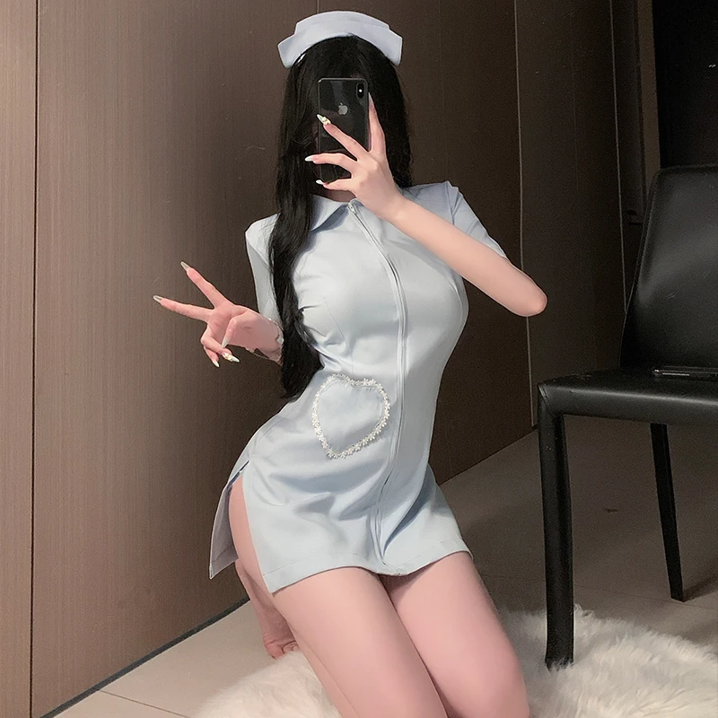 Plus Size Sexy Nurse Cosplay Costume Front Zipper Mini Dress Lace Pocket Side Slit Uniform Women Halloween Party Roleplay Outfit view 4