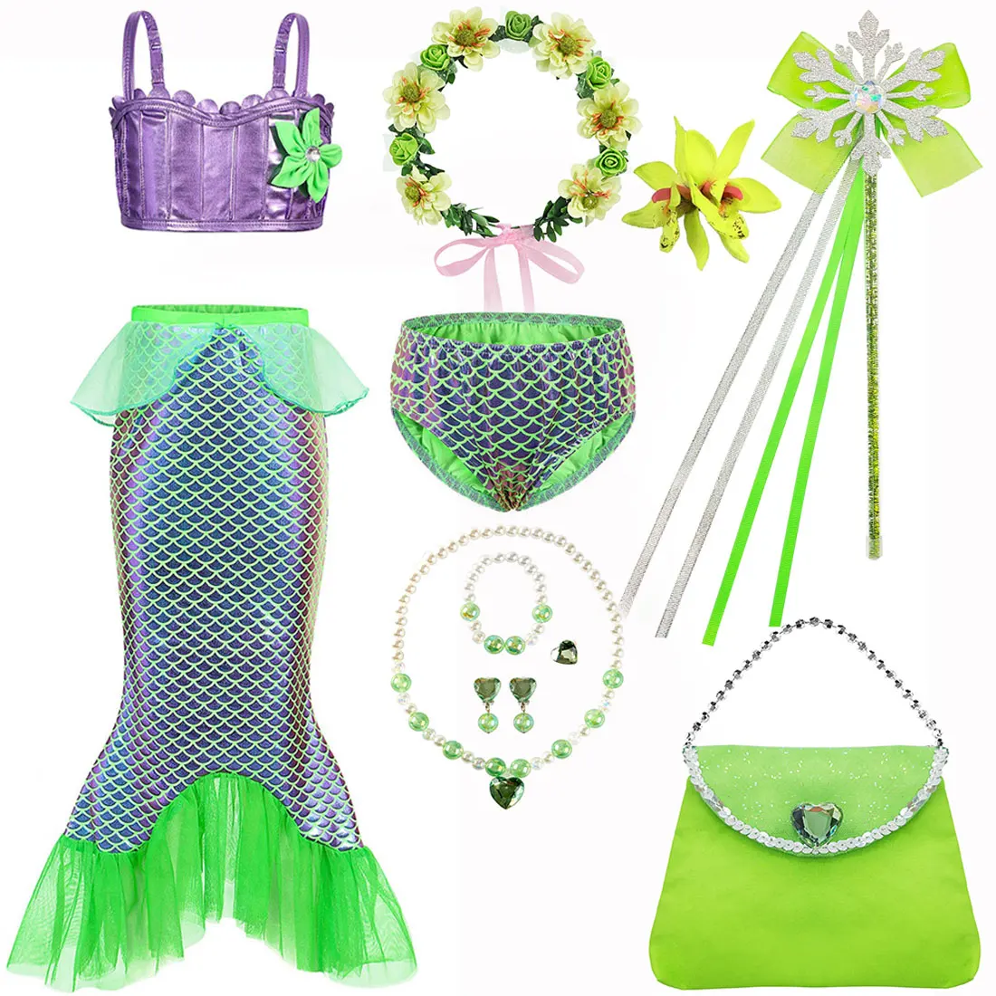 Disney Summe 3 Pieces Mermaid Princess Dress Set Swimmable Bikini Top Underpants and Tail Girls Kid Beach Dress Outfit Set