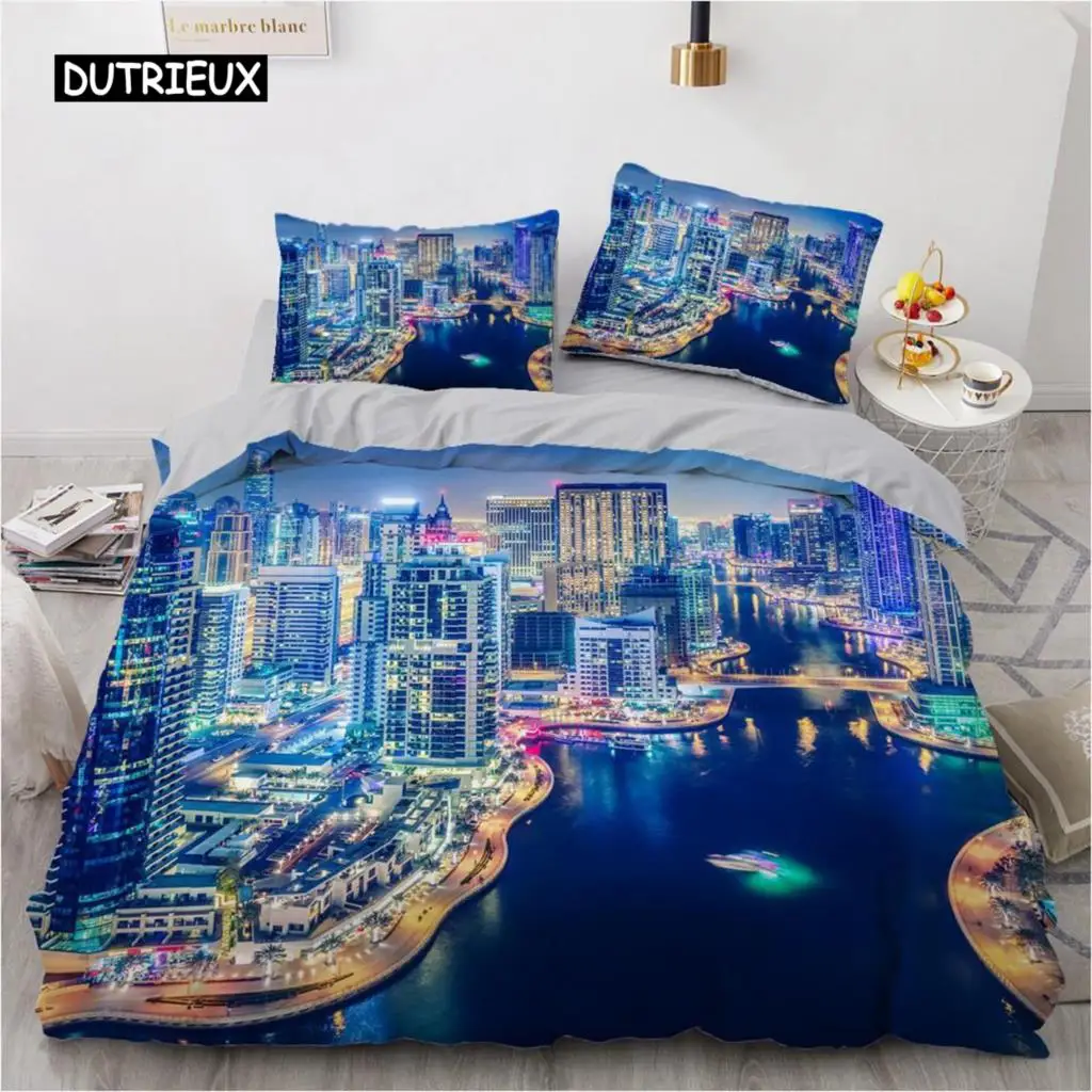 

Urban Night View Duvet Cover Set Brightly Lit Night Scene Bedding Set For Teens Adults Queen Size Soft Microfiber Quilt Cover