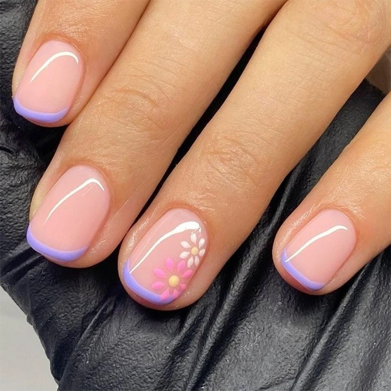 

Pink White Flowers Purple French Nail Art Fashion Wearable False Nails Detachable Finished Fake Nails Press on Nails with Glue