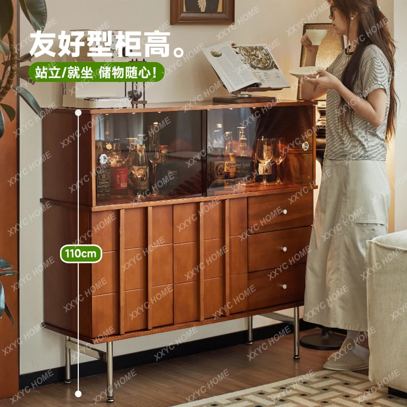 

YYRetro solid wood glass wine cabinet rack display household living room against the wall small apartment