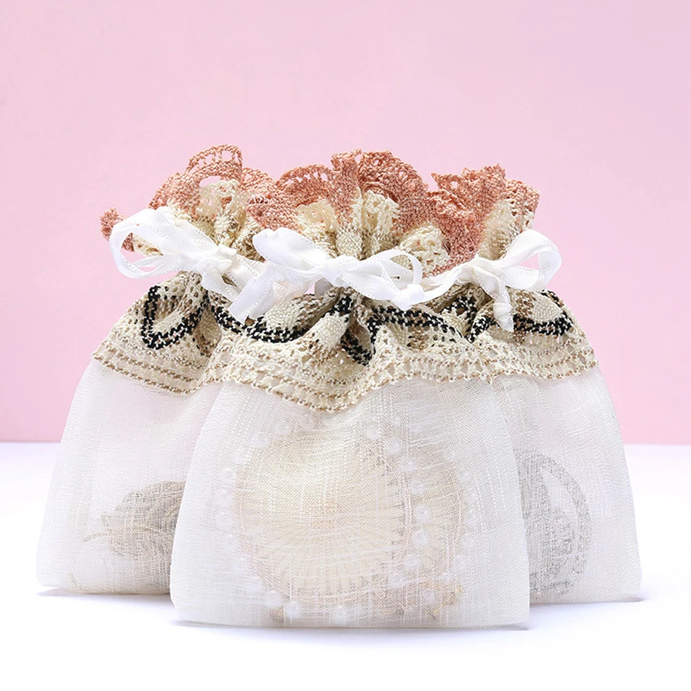 

6pcs Wave Lace Fabric Bags Elegant Drawstring Jewelry Pouches for Gifts Birthday Party Wedding Christmas Beige Gauze Storage