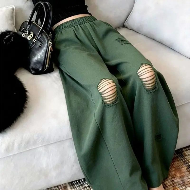 Summer Loose Green Casual Straight Leg Pants Large Size 300 Pounds Hole Design Wide Leg Long Trousers Comfortable Loose Fit