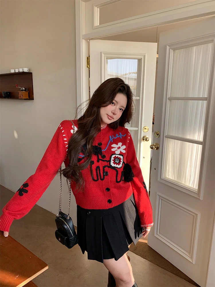 

Red Battle Robe Sweater for plus Size Women in the Year of the Chinese Zodiac Thiened Knittedwear Classical Sle V-Ne