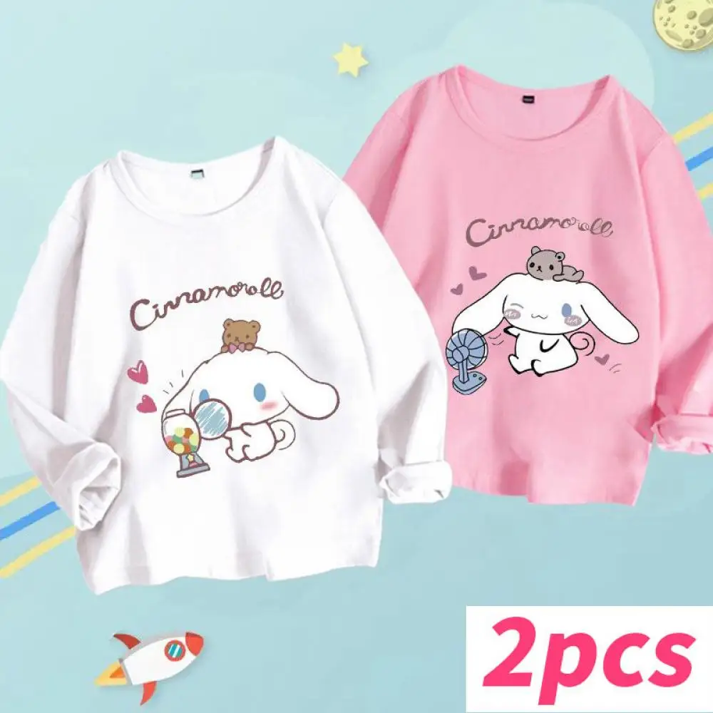 

2 Pieces/set Sanrio Cinnamoroll Girls Long Sleeve Kawaii Cotton T-Shirt Cartoon Anime Autumn Children's Clothing Kids Tops