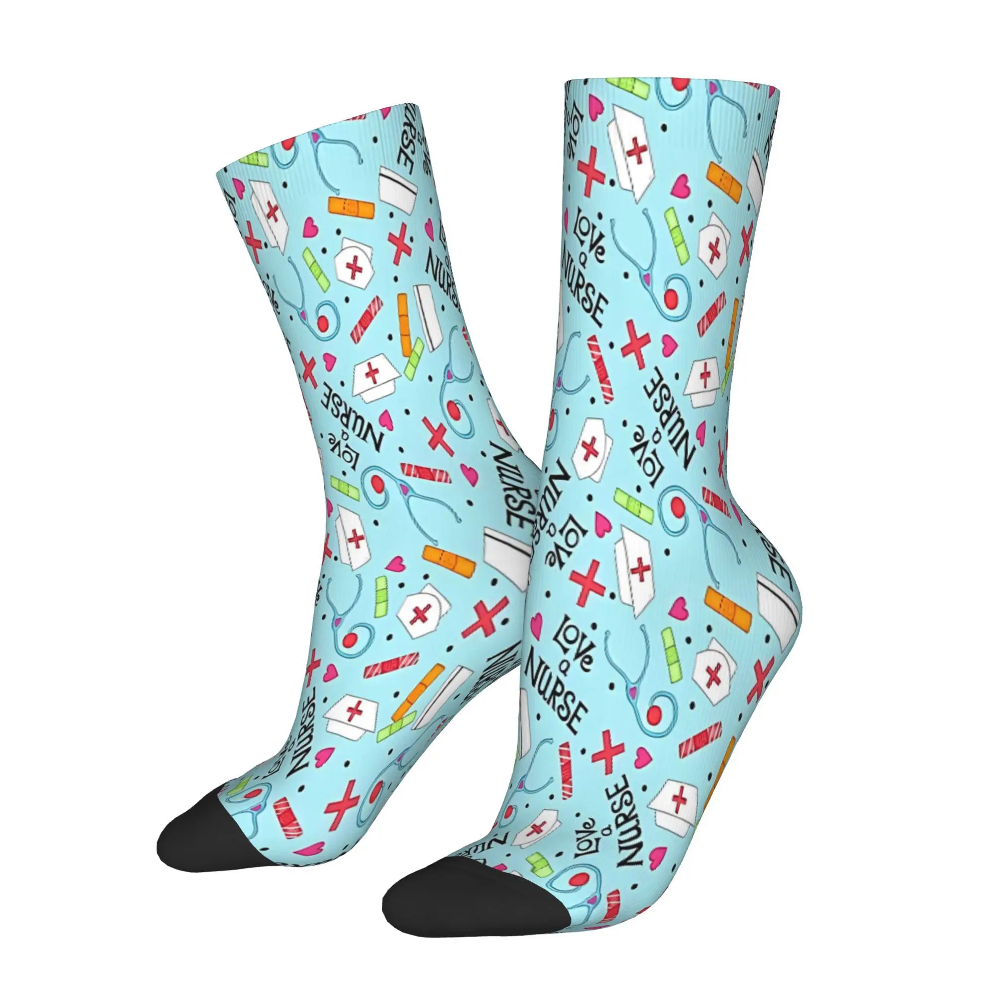 Men's Turquoise Blue Medical Print Socks Black Toe Contrast Medical Themed Turquoise Stethoscope Design for Nurse Uniforms