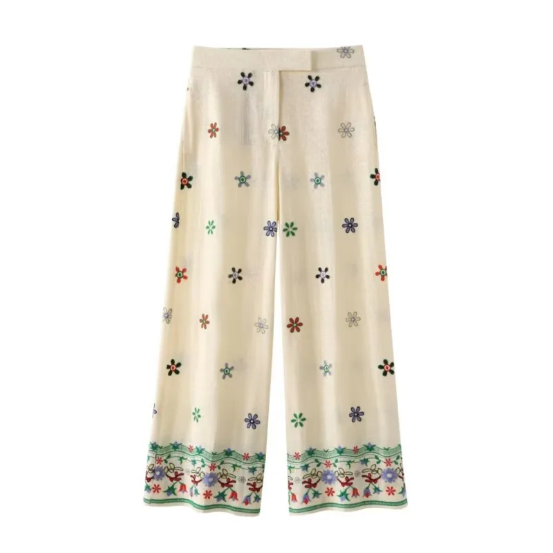 Flower Embroidered Trousers Women Summer High Waist Lightweight Wide Leg Pants Casual Pajama Style Button Pocket Pants