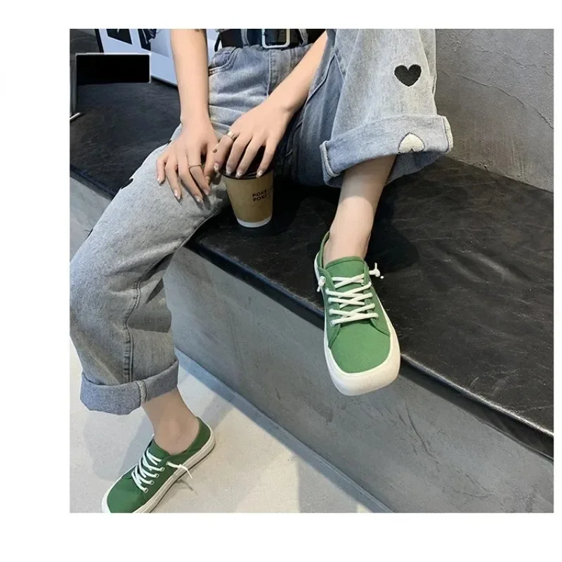 2023 Platform Canvas Shoes for Women  New Square Toe Laces Korean Sneakers Plaid Leopard Print Student Single-Layer Shoes