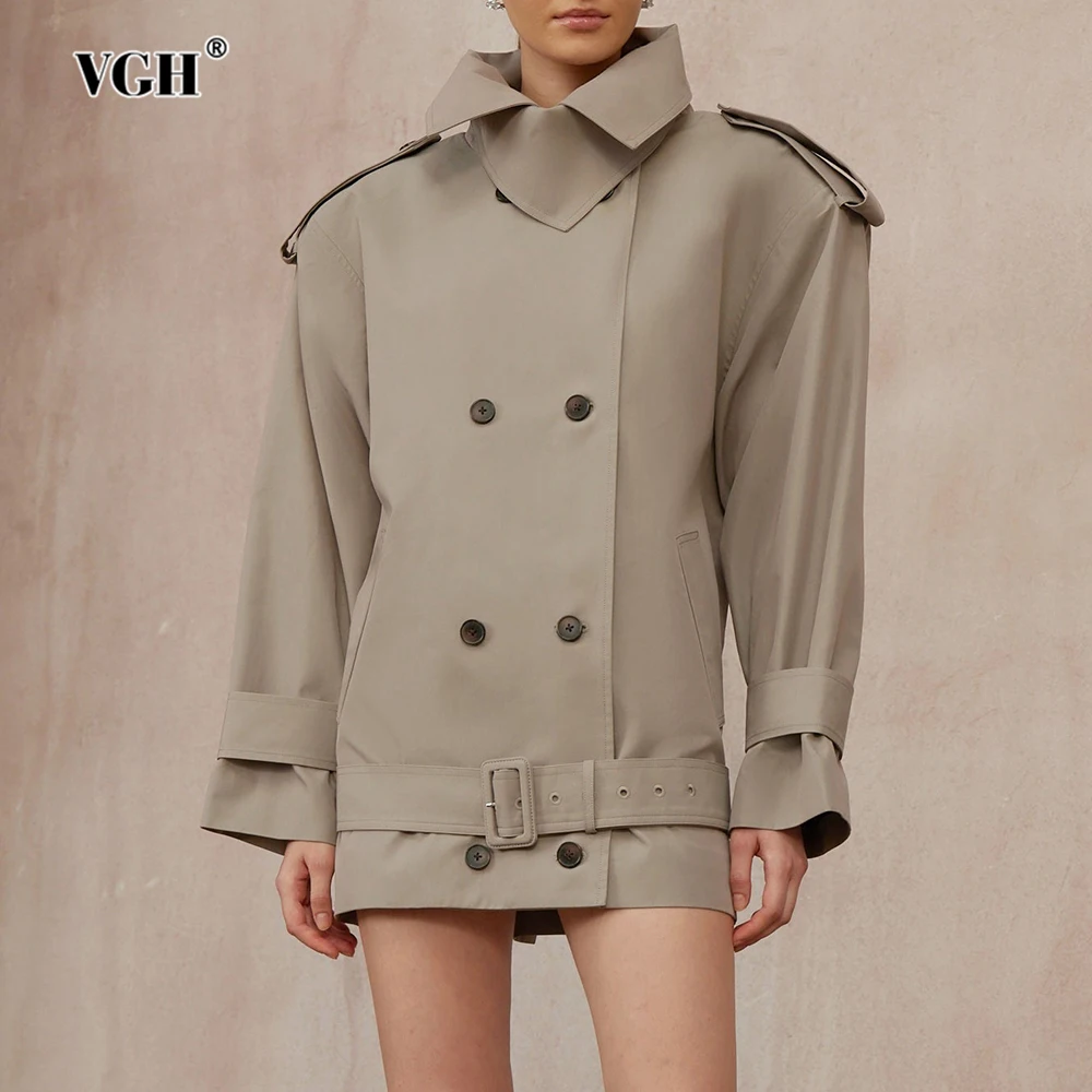 

VGH Classic Patchwork Belt Windbreaker for Women Stand Collar Long Sleeve Shoulder Pud Spliced Double Breasted Jacket Female New