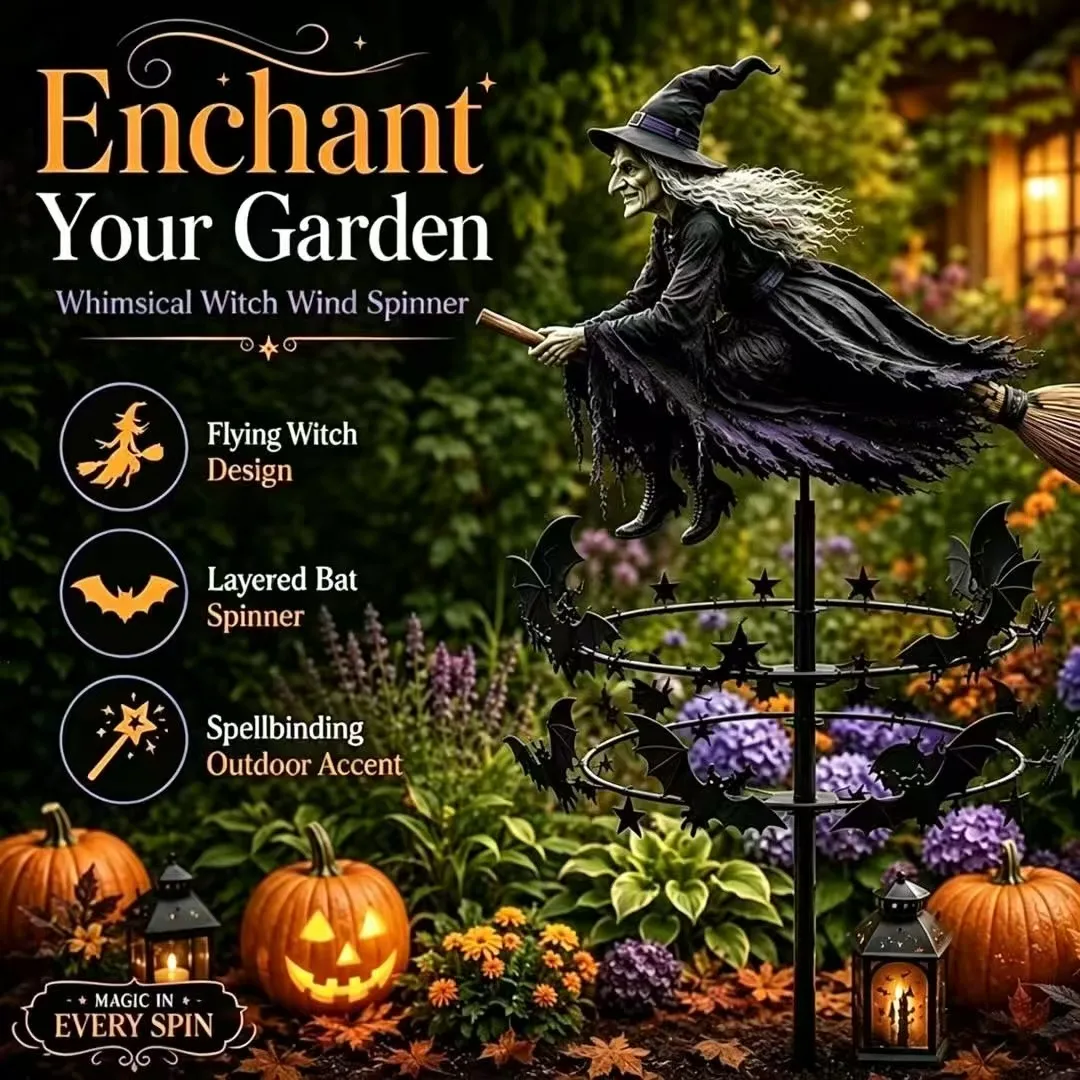 3D Witch Garden Wind Spinner Stake, Ready‑Stock Halloween Yard Art Decor, Rotating Wind Spinner for Lawn Patio Ground Decoration
