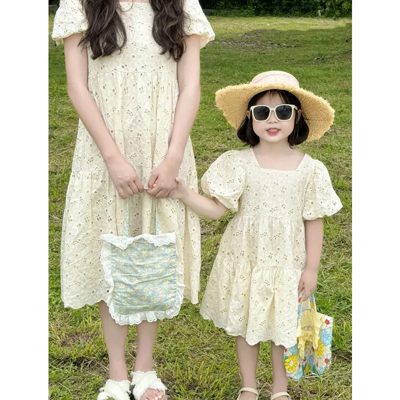 Matching Mother Daughter Dress 2024 Summer Mom and Baby Girl Shor Sleeeve Dresses for Women Clothing Korean Children\'s Frocks