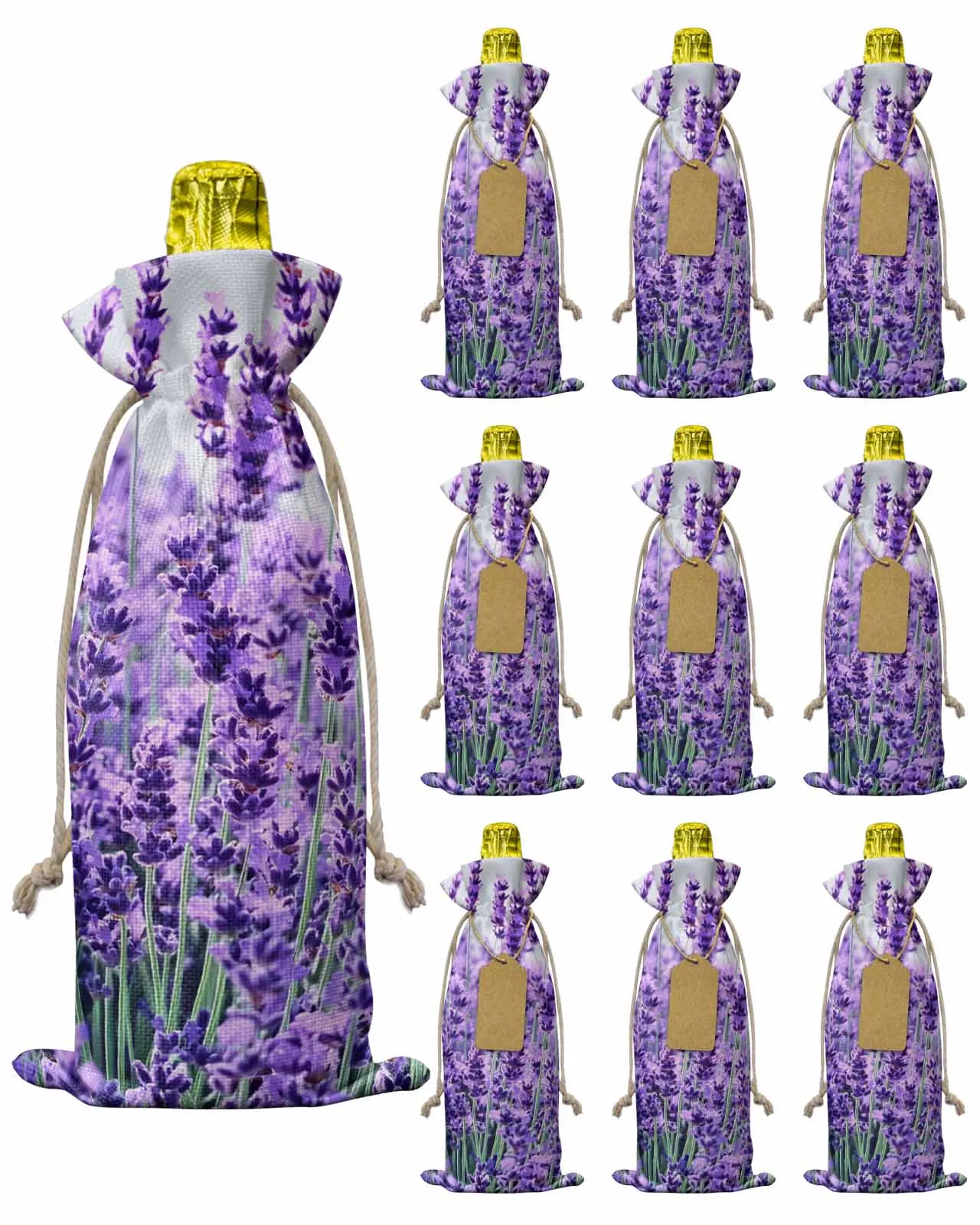 

10pcs Wine Bottle Covers Purple Lavender Flowers Print Wine Holder Carrier Packaging Bag Wedding Party Decor Gift