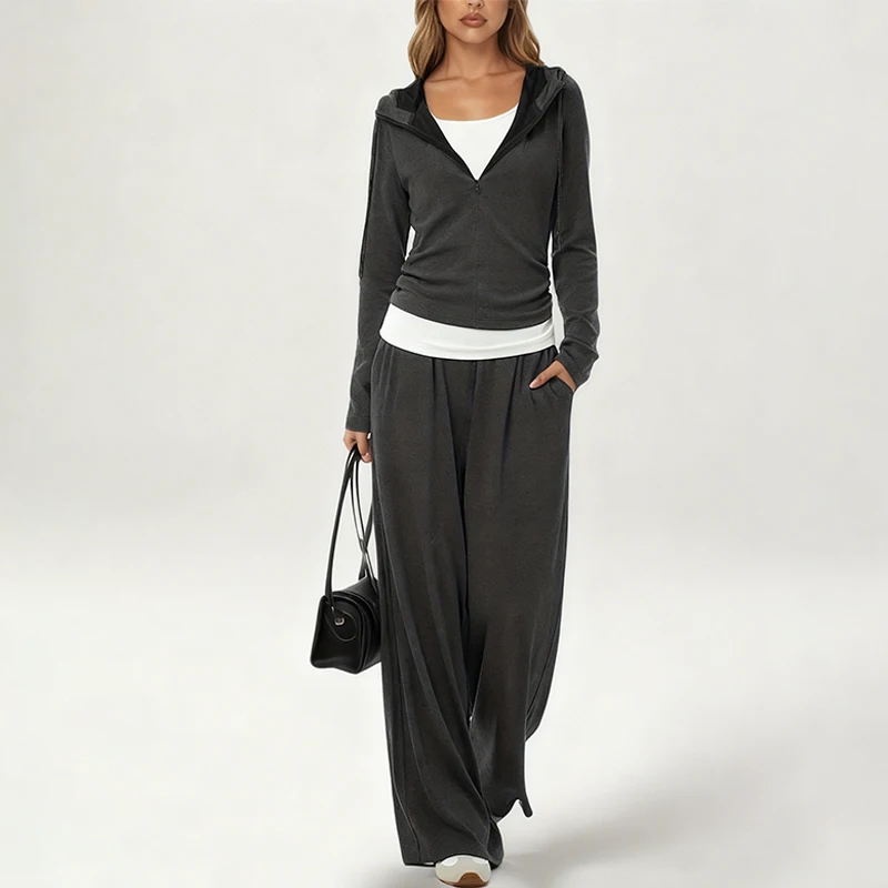 

Autumn Winter Women's Hooded Trousers 2Piece Set Zip Up Long Sleeve Solid Coat Pant Suit Fashion Casual Streetwear With Pockets