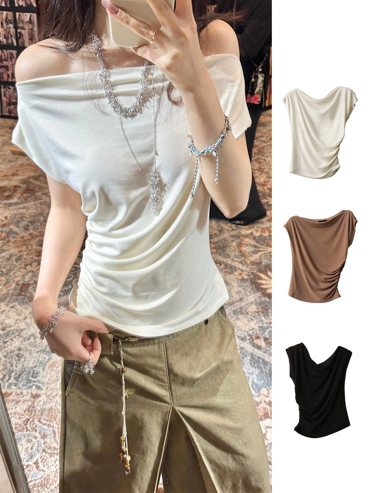 

Летняя тонкая однотонная одежда Ice Dust ort Sve T-irt с плиссированными плечами для повседневной носки GogoBuyer, облегающая, влагоотводящая