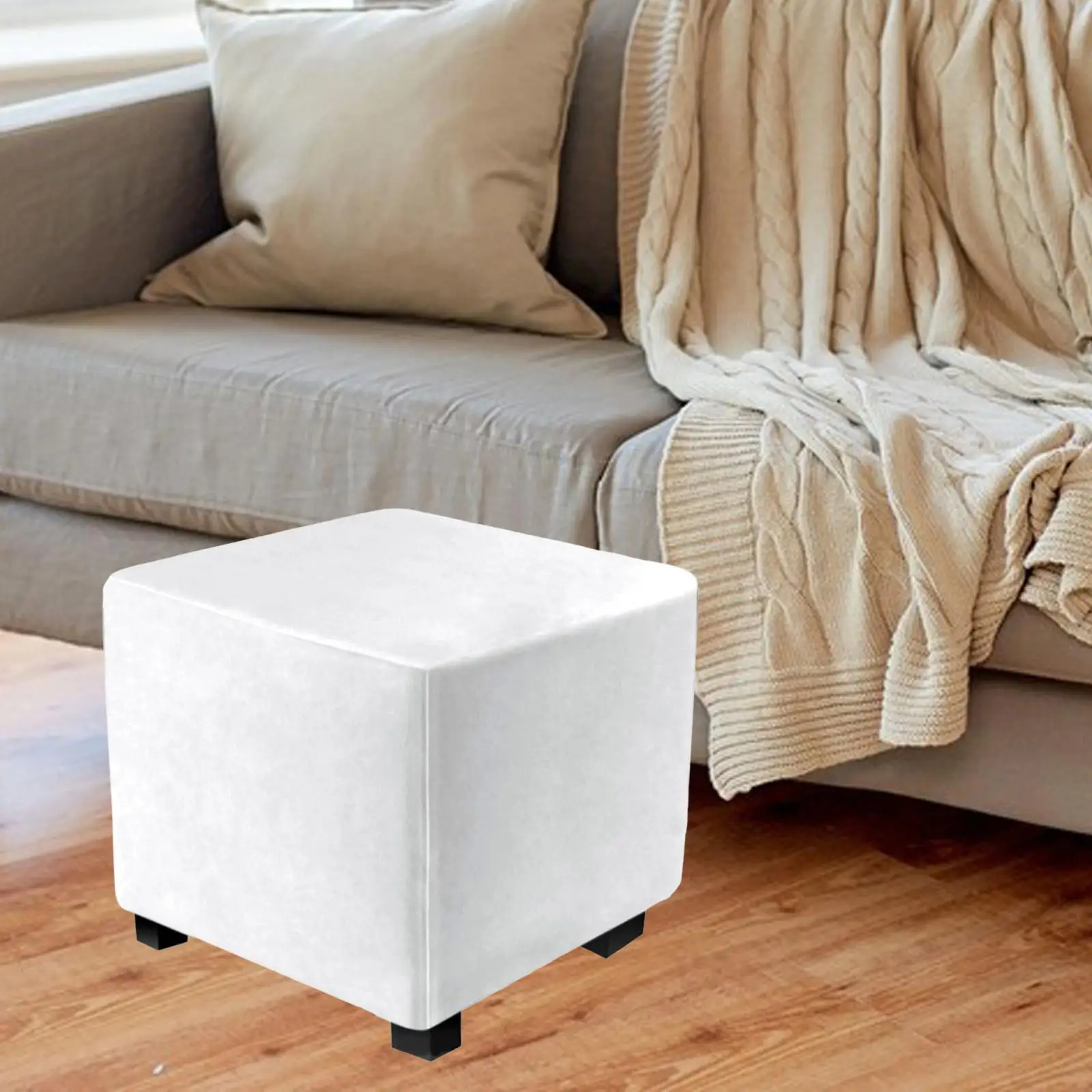 Stretch Ottoman Slipcover Square Velvet Foot Stool Protector Furniture Cover with Elastic Bottom for Living Room Decor Seat