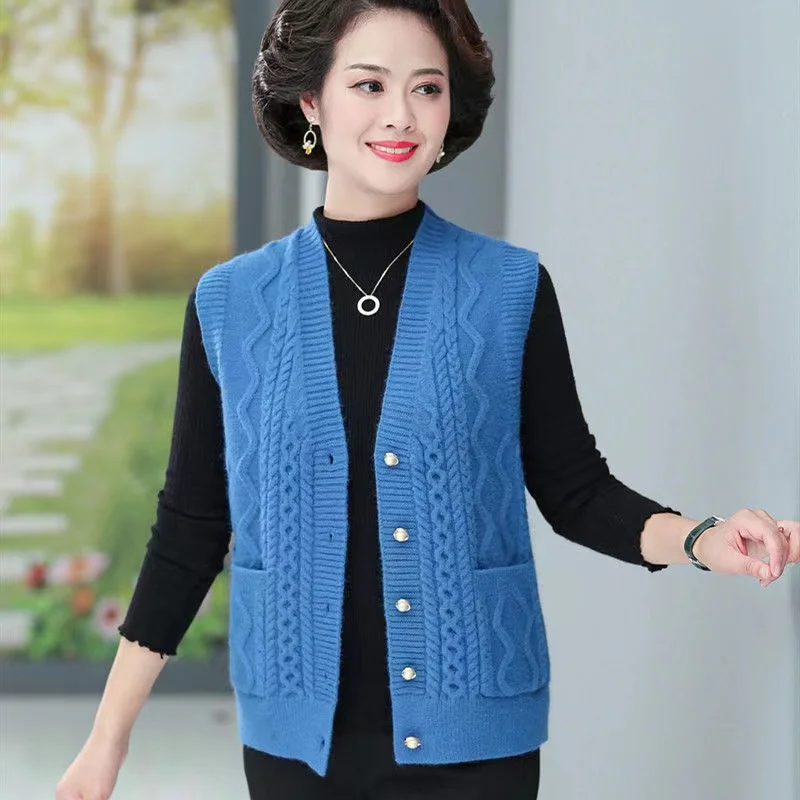 New Middle-Aged Elderly Mother Vest Women Autumn V Neck Knitting Cardigan Tops Casual Sleeveless Solid Color Waistcoat Female