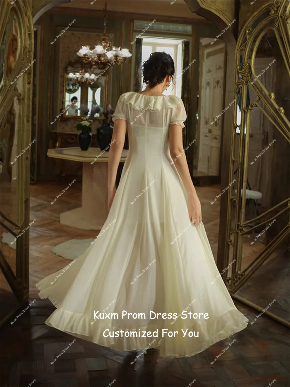 Kuxm Chiffon A Line Wedding Dresses Bride O Neck High Slit Formal Button Vestidos De Novia Floor Length Korean Dress Customized