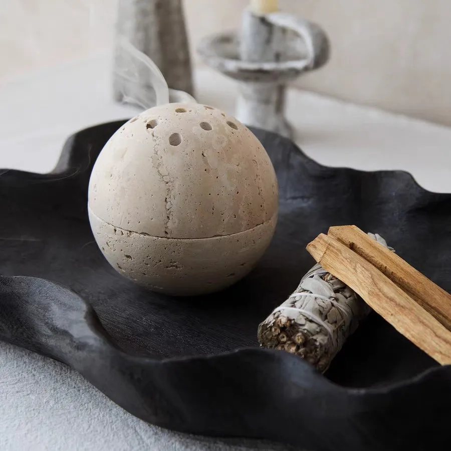 Wabi Sansan Natural Travertine Aromatherapy Burner Sandalwood Insert Ornament Burning Smoke DiscOrnament Incense Burner