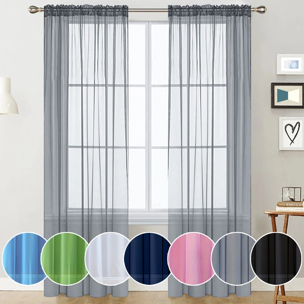 1pc Solid Color Through Pole Transparent Window Screen Simple Curtain Decoration for Living Room and Bedroom Cortinas De Ventana