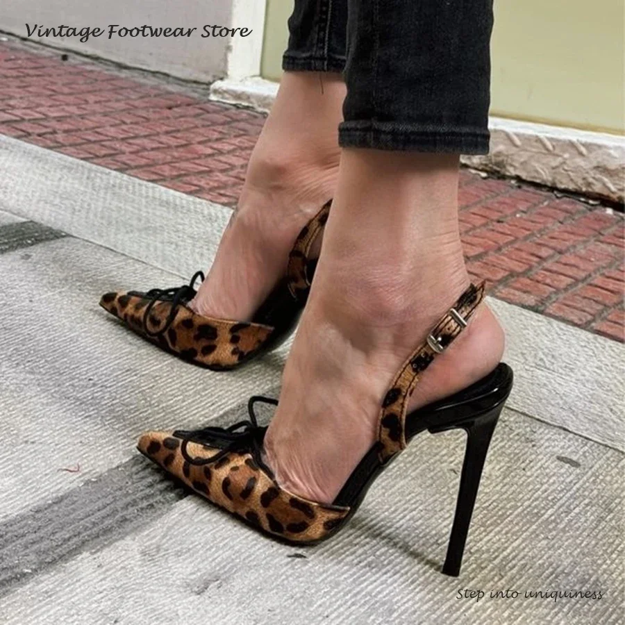 

Sexy Leopard Print Knotted Slingback Pumps Elegant Cross-tied Pointed Toe Thin High Heels Spring Summer Buckle Strap Stilettos