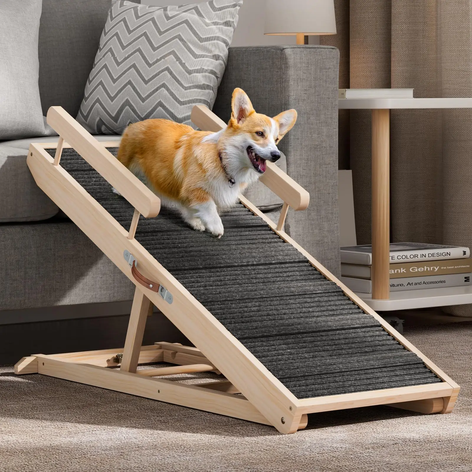 Custom Foldable Dog Ramp Portable Anti-Slip Dog Ramp Long Adjustable Wooden Dog Stairs Pet Step Ladder with High Traction Mat
