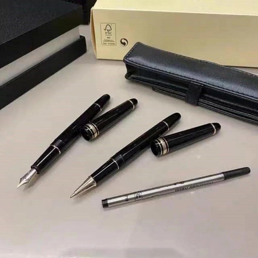 Luxury Business Pen Set & Pen Sleeve Black Resin Gold & Silver 163Series Roller Ball Signature Fountain Pen Office Supplies Gift