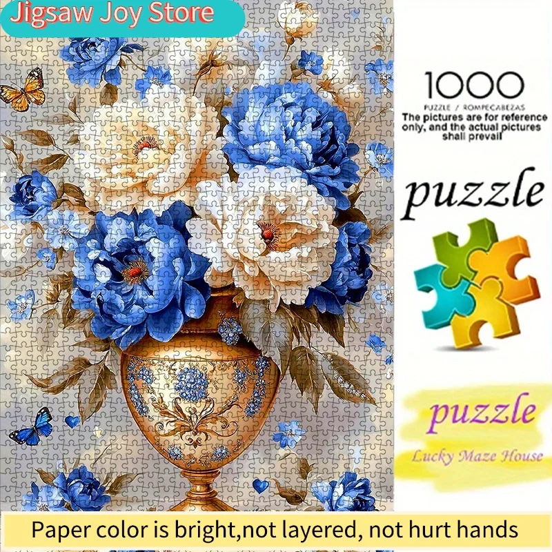 

1000 деталей, DIY-пазл из бумаги, изысканный цветочный пазл в стиле масляной живописи: пионы и синие цветы в вазе, высококачественный.