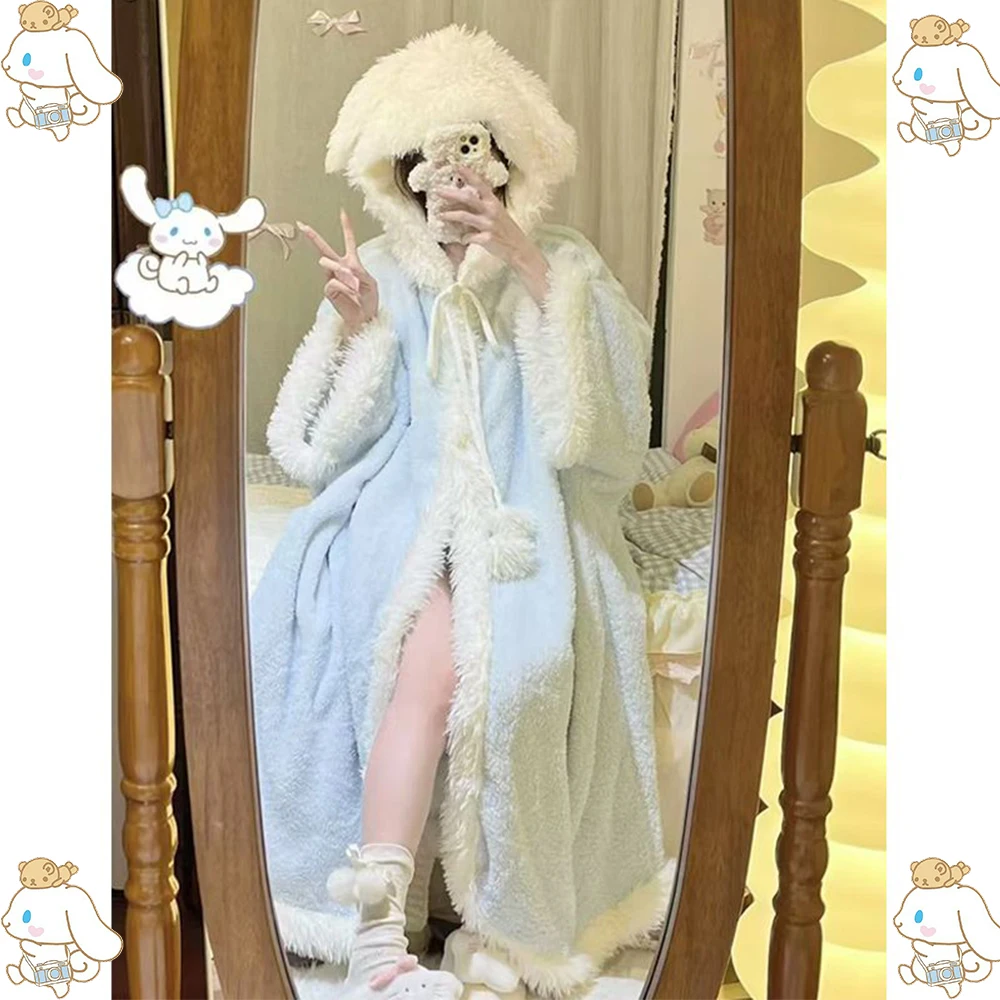 New Cinnamoroll Plush Robes Autumn Winter Sanrios Kawaii Women's Pajamas Kt Hooded Velvet Thickened Cute Girl Sleepwear Cloak