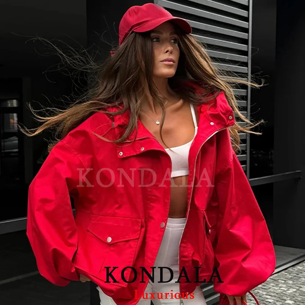 KONDALA High Street Casual Chic Women Trench Jacket Hooded Zipper Pockets Long Sleeve Loose Coat Fashion 2026 Autumn Winter Coat