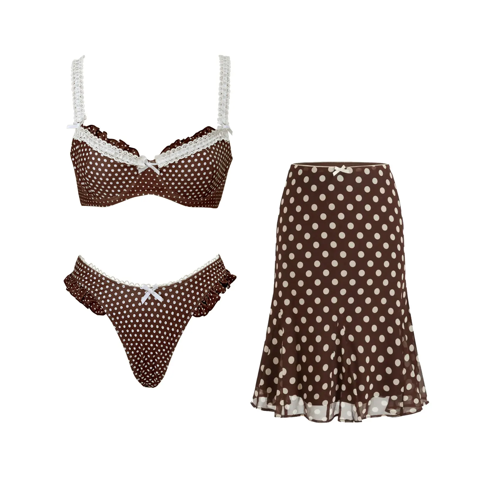 Polka Dot Bikini With Cover Up Skirt Set 2027 Women 3Pcs Swimsuit Retro Lady Lace Trim Biquini Swimwear Mujer Beach Bathing Suit