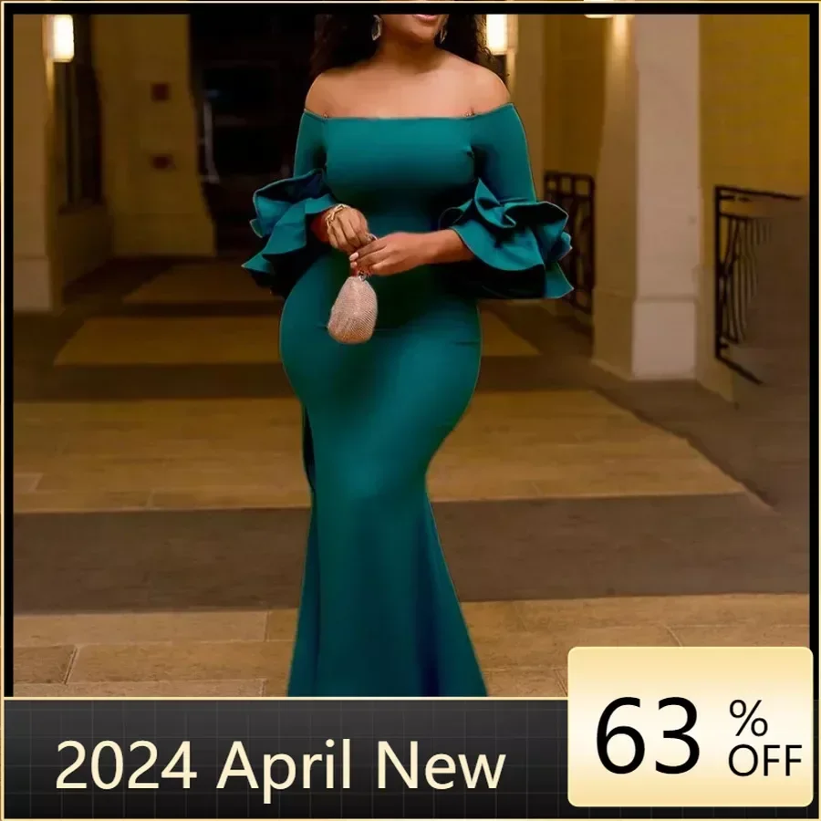 

Plus Size Dress Women's Solid Color Straight Neck Sexy High Split Fishtail Long Dress Women's Elegant Party Evening Dress