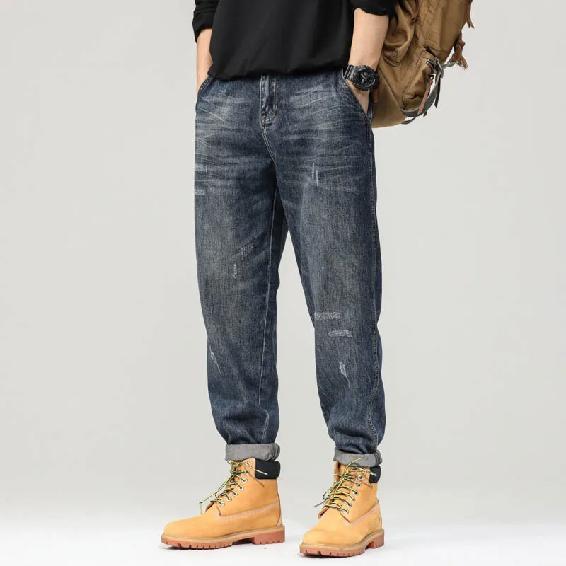 

Autumn Winter New Fashion American Men's Casual Trendy Loose Straight Blue Hole Patched Denim Harem Trousers Male Jeans Pants