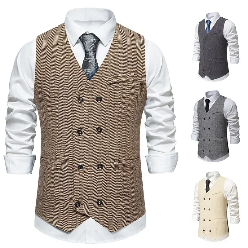 

2023 Spring and Autumn New Vintage Double Breasted Tank Top Men's Fashion Trend Suit Vest