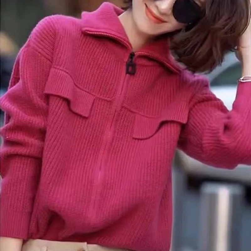 Maglione allentato con collo a Polo rosso rosa per donna autunno inverno 2024 nuovo Cardigan stile coreano maglioni stile pigro giacca in maglia con