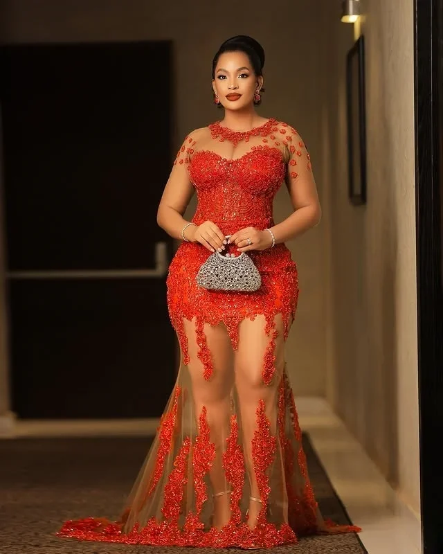 Xquisite 레드 레이스 인어 댄스 파티 드레스 섹시한 시스루 쉬어 긴 소매 트럼펫 이브닝 가운 레이스 아플리케 파티 드레스