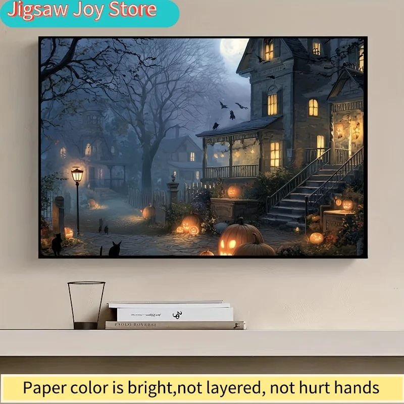 1 Box(500 - piece) Puzzles for Adult Moonlit Pumpkin Lanterns & Black Cats Town Applied for Party Games & Activities, with a m