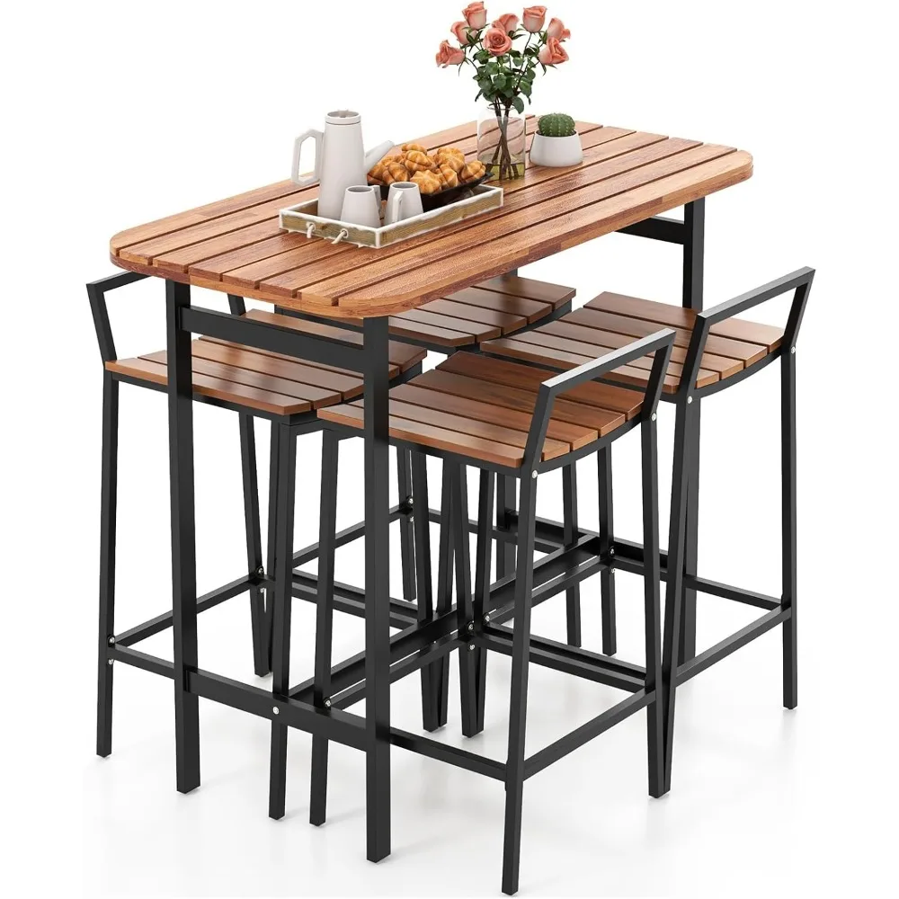 Juego de barra de patio de madera de acacia de 5 piezas, juego de sillas de mesa de bar al aire libre con estructura de metal y reposapiés, muebles de patio para porche y piscina
