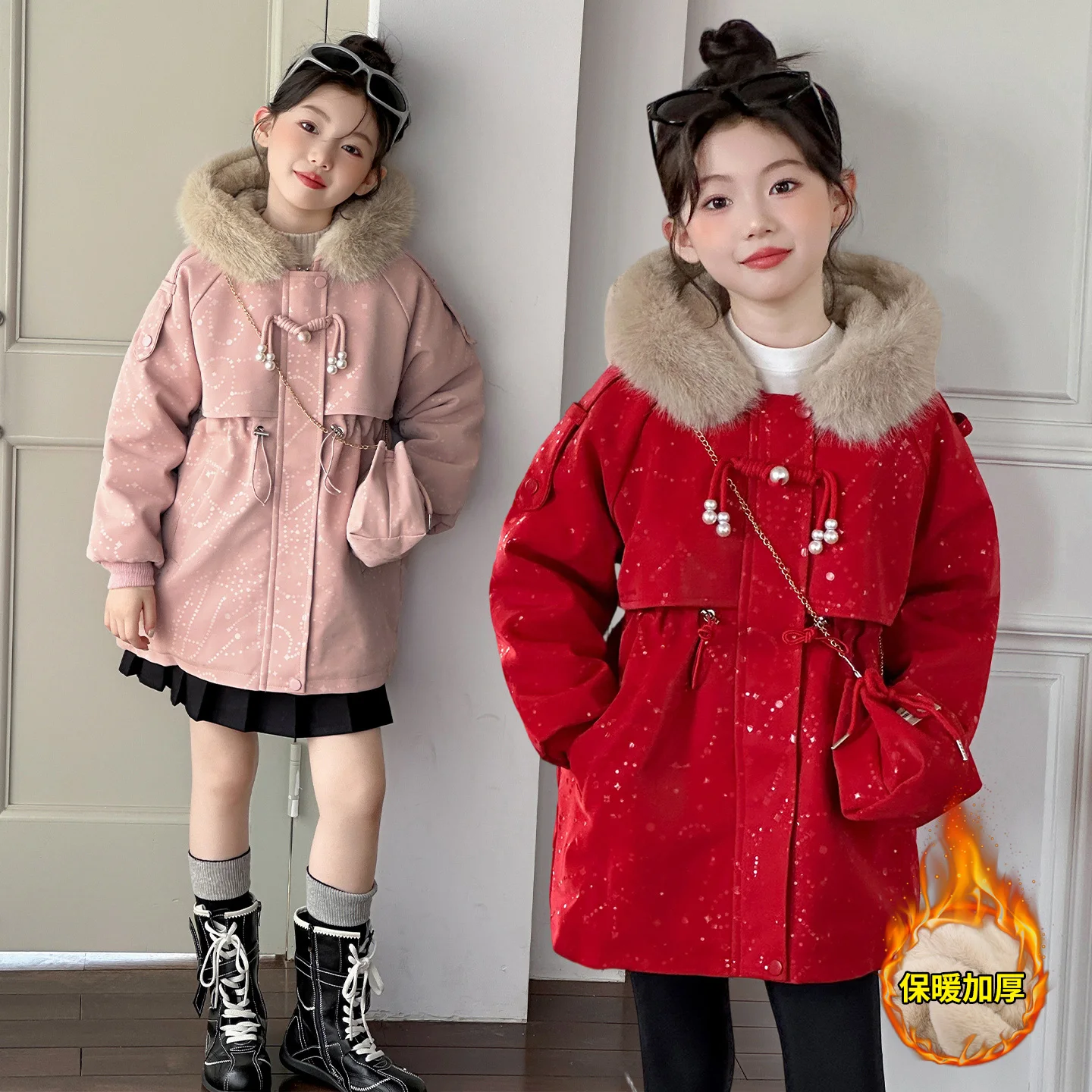 14 Teen Girl winter glitter Warm faux fur jacket Retro outerwear PU coat Thickened velvet lining junior kid overcoat+bag Parkas