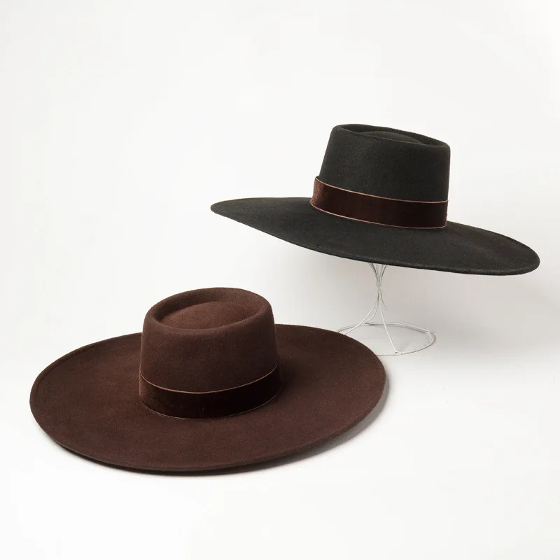 Autumn Winter New Velvet Decorated Round Ring Top Wide Brim Woolen Hat Fashion Show Style Large Brim Felt Hat