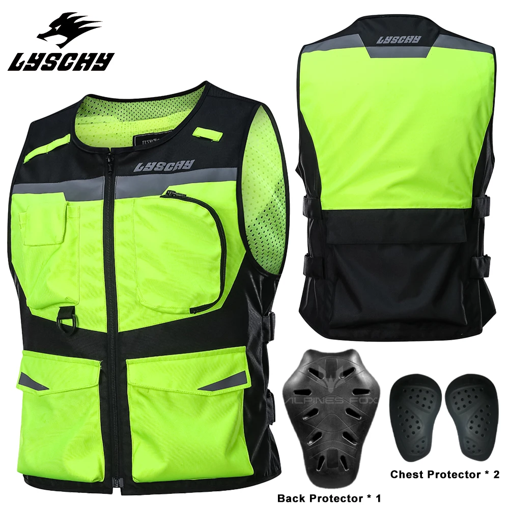 LYSCHY Motorcycle Reflective Safety Working Vest Men Motocross Racing Touring Night Riding Reflective Jacket Vest Women +CE Pads