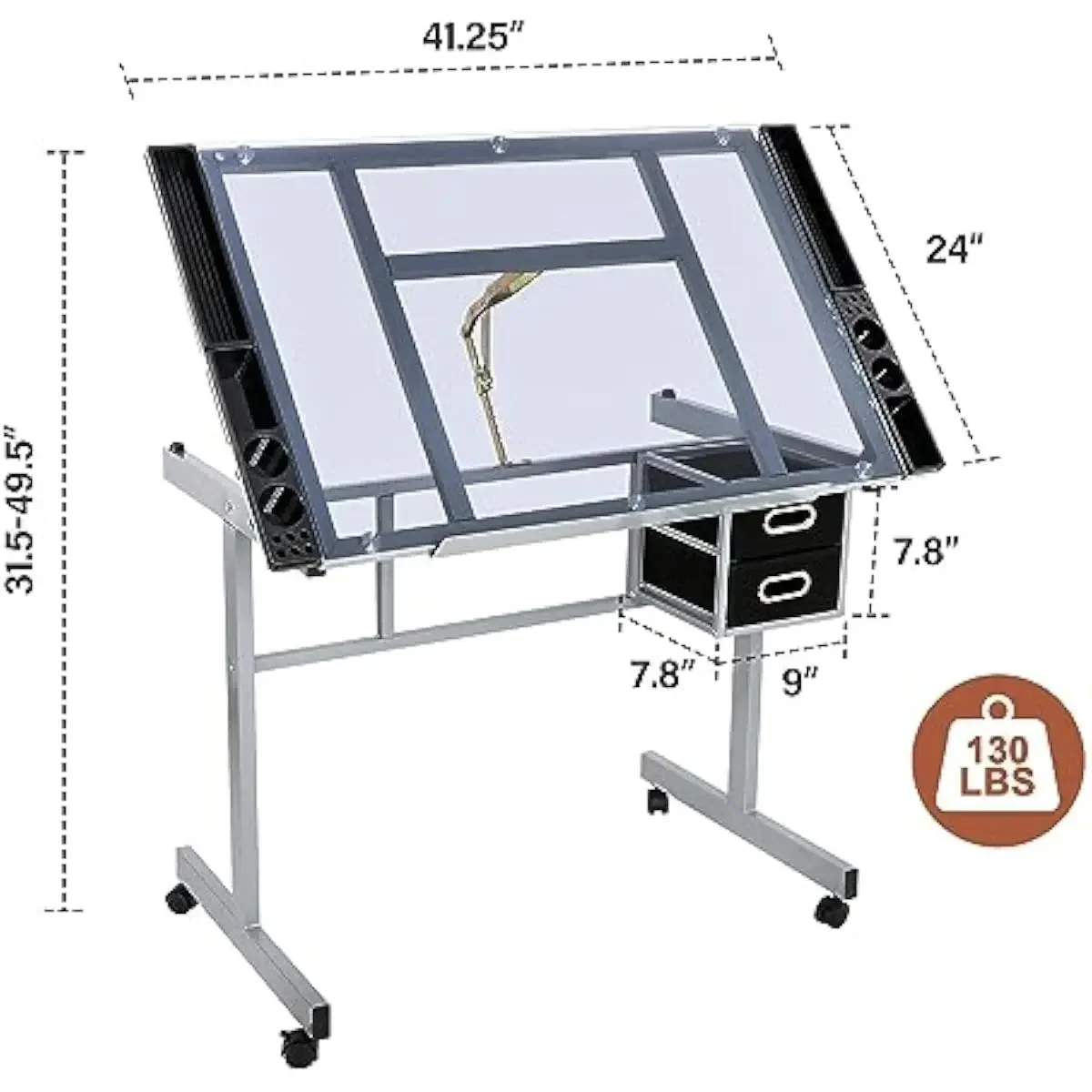Adjustable Glass Drafting Desk with 0-60 Degree Tilt, Height Range 31.5-49.5 Inches, Alloy Steel Frame, Two Slide Drawers, Four view 3