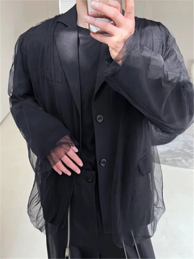 

2026 Men's white mesh suit jacket, casual and elegant, retro-style loose top, high-end hairstylist's small suit