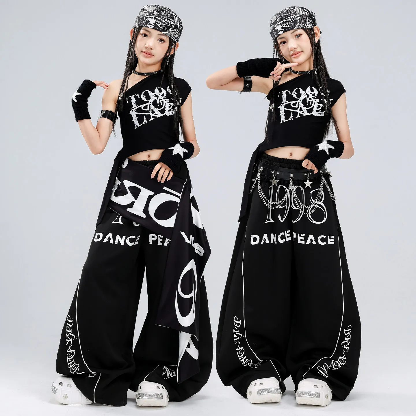 Teenager Girls K-pop Street Dance Crop Top And Loose Letter Pants Set Children's Hip Hop Jazz Costume Group Outfit for Kids