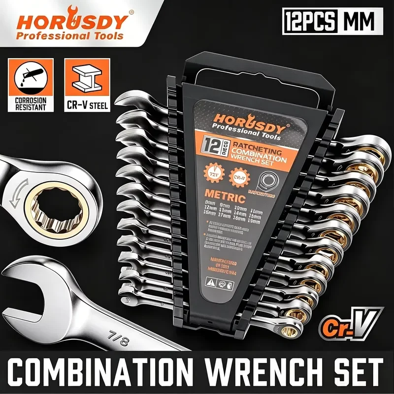 HORUSDY 12Pc Ratchet Spanner Set Metric Wrench Spanners ‎‎Nickel Plating 8-19MM